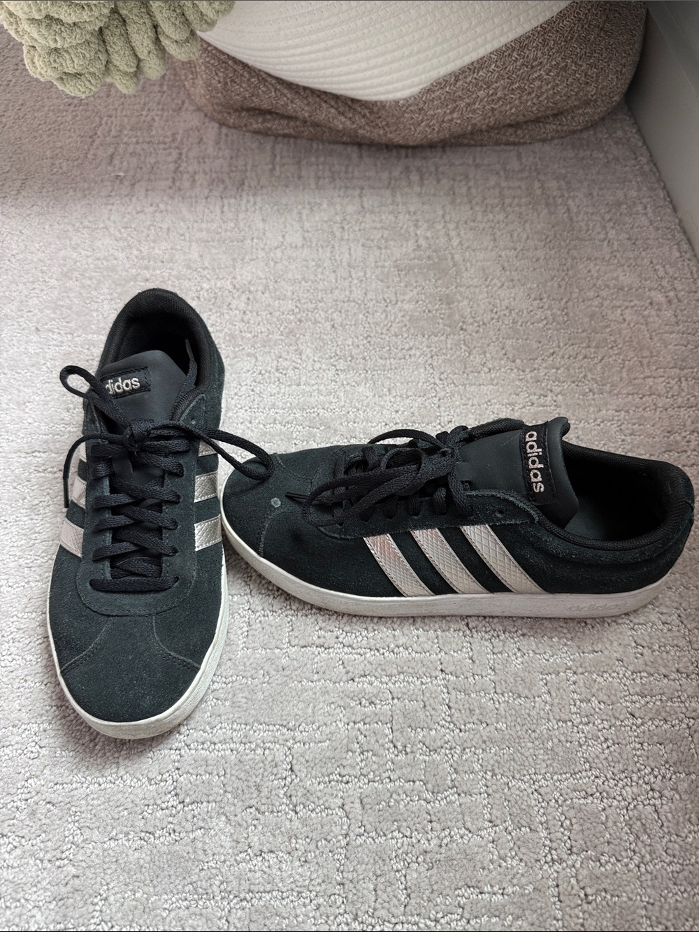 Adidas Black Suede Sneakers with Silver Three Stripes
